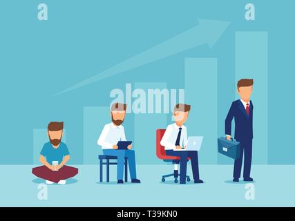 Career growth concept. Vector of a man changing his life becoming a successful businessman Stock Vector