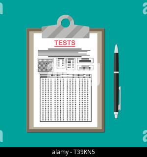 Clipboard with exam test answer sheet with pen. Flat style vector illustration Stock Vector
