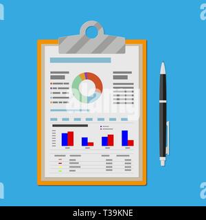 Spreadsheet concept. clipboard with financial reports and pen. vector illustration in flat design Stock Vector