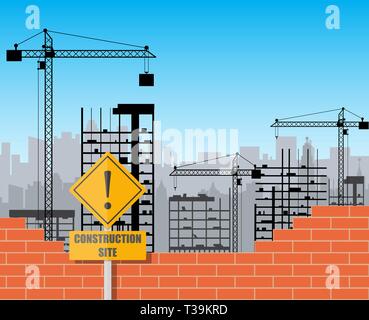 Construction site with buildings and cranes. skyscraper under construction. brick wall. vector illustration Stock Vector