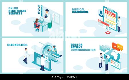 Health care and patient management concept.Isometric vector collage set for online medical services healthcare insurance imaging diagnostics and docto Stock Vector