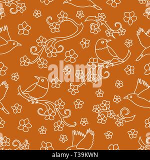 Seamless pattern with sakura branches, birds. Japan nature. Branches of cherry blossoms. Design for card, announcement, advertisement, banner or print Stock Vector
