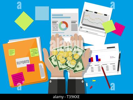 hands with money and folder with financial reports and pen. vector illustration in flat design Stock Vector