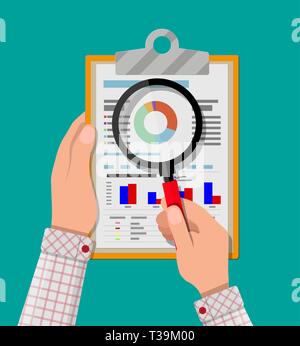 hand holding clipboard with financial reports and magnifying glass. vector illustration in flat design Stock Vector