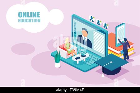 Online education and courses concept. Isometric vector of people students learning receiving college degrees using modern technologies Stock Vector