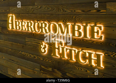 LAS VEGAS, NV, USA - FEBRUARY 2019: Illuminated sign on the outside of a branch of Abercrombie & Fitch in Las Vegas. Stock Photo