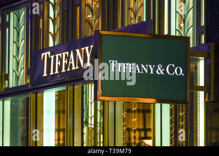 LAS VEGAS, NV, USA - FEBRUARY 2019: Signs on the front of a Tiffany & Co. store in Las Vegas. Stock Photo