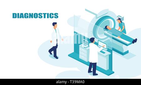 Isometric vector of a radiologist doctor and nurse performing patient brain body scan on MRI machine Stock Vector