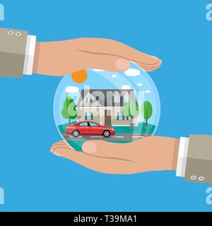 hands of agent, protect house and car. concept of insurance and protection, security. Vector illustration. Stock Vector