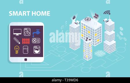 Smart home concept. Vector of cityscape and intelligent buildings controlled via computer app. Future technology management system platform. Stock Vector