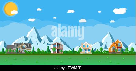 Small village landscape. Wooden houses in the mountains among the trees. blue sky with sun and clouds. vector illustration in flat tyle Stock Vector