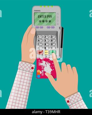 Enter Card Pin Screen Example Hand enters the PIN code on the POS terminal, vector illustration Stock ...