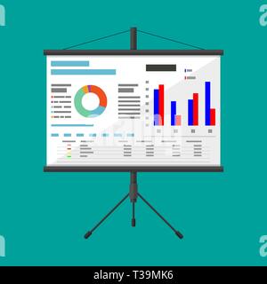 Projector screen with business presentation. chart pie, financial report. vector illustration in flat style Stock Vector
