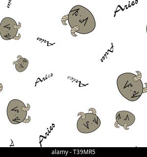 Seamless pattern of cartoon bunnies denoting aries zodiac signs with text. Vector illustration on white background. Stock Vector