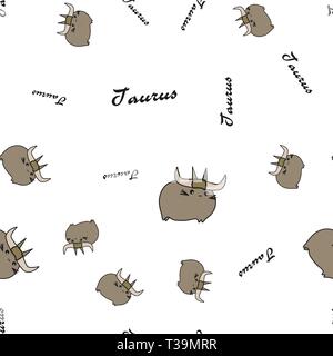 Seamless pattern of cartoon bunnies denoting taurus zodiac signs with text. Vector illustration on white background. Stock Vector