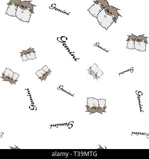 Seamless pattern of cartoon bunnies denoting gemini zodiac signs with text. Vector illustration on white background. Stock Vector
