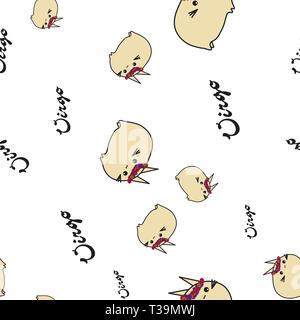 Seamless pattern of cartoon bunnies denoting virgo zodiac signs with text. Vector illustration on white background. Stock Vector