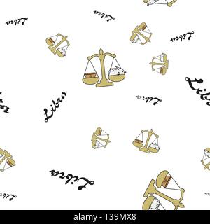 Seamless pattern of cartoon bunnies denoting libra zodiac signs with text. Vector illustration on white background. Stock Vector