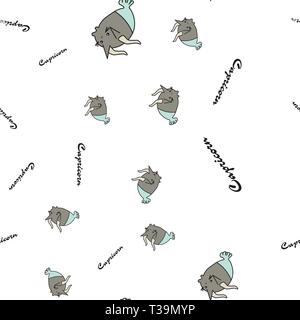 Seamless pattern of cartoon bunnies denoting capricorn zodiac signs with text. Vector illustration on white background. Stock Vector