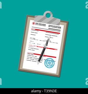 Clipboard with application form paper blank with seal and pen. Vector illustration in flat style Stock Vector