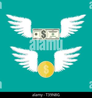 Golden coin and dollar bill with wings. Vector illustration in flat style Stock Vector