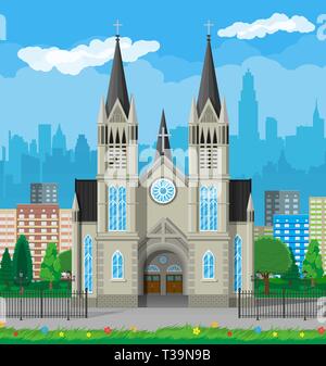 Exterior of catholic or protestant church cathedral in gothic style with city skylines and trees behind. Urban chapel. Tower with cross. Vector illust Stock Vector