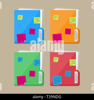 Documents folder with paper sheets and sticky notes. Vector illustration in flat style Stock Vector