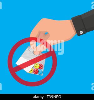 Hand of the drug dealer holding bag of narcotic pills and cocaine. Anti-drug concept. Vector illustration in flat style Stock Vector