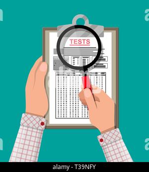 Hand with magnifying glass holding clipboard with exam test answer sheet. Flat style vector illustration Stock Vector