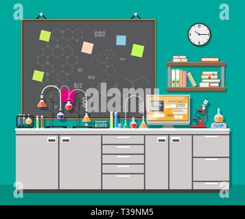 Laboratory equipment, jars, beakers, flasks, microscope, scales, spirit lamp on table. Computer, shelf with books. Agenda board. Biology science educa Stock Vector