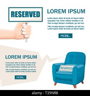 Blue armchair and hand with reserved sign. Flat vector illustration on white background. Place for text. Web site page and mobile app design. Stock Vector