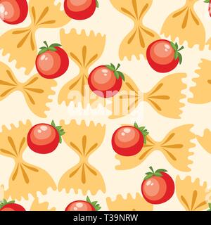Italian food pasta farfalle with tomatoes. Seamless pattern. Flat vector illustration on white background. Web site page and mobile app design. Stock Vector