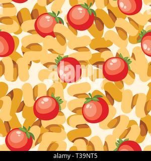 Italian food pasta cellentani with tomatoes. Seamless pattern. Flat vector illustration on white background. Web site page and mobile app design. Stock Vector
