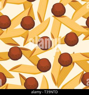 Italian food pasta penne with meatballs. Seamless pattern. Flat vector illustration on white background. Web site page and mobile app design. Stock Vector