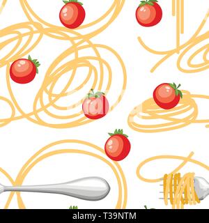 Italian food pasta Spaghetti with tomatoes. Seamless pattern. Flat vector illustration on white background. Web site page and mobile app design. Stock Vector