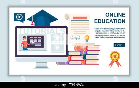 Online education concept. Flat vector illustration. Web site page and mobile app design. Online training, workshops and courses visualization. Stock Vector