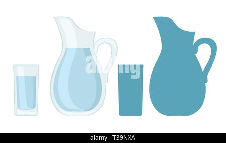 Full glass and jug of water. Flat vector design and blue silhouette. Vector illustration isolated on white background. Stock Vector