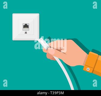RJ45 LAN cable in hand and network socket. Internet. Vector illustration in flat style Stock Vector