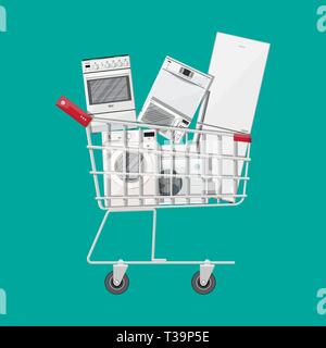 Household devices in shopping cart. Electronics stores sale. Microwave, washing machine, oven, fridge, dishwasher, air conditioner. Vector illustratio Stock Vector