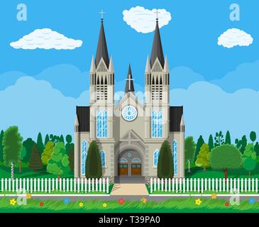 Exterior of catholic or protestant church cathedral in gothic style with fence and trees behind. Chapel. Tower with cross. Vector illustration in flat Stock Vector