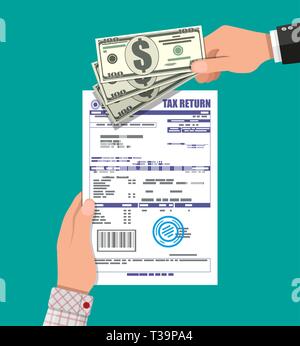 Hand with tax return declaration paper document and dollar bills. Vector illustration in flat style Stock Vector