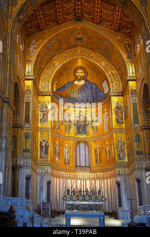 Christ Pantocrator mosaics of the Norman-Byzantine medieval cathedral  of Monreale,  province of Palermo, Sicily, Italy. Stock Photo