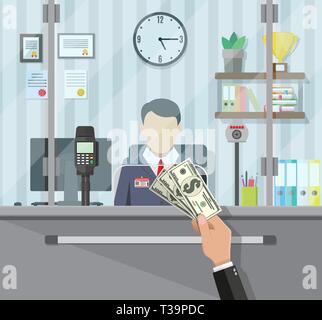 Bank teller behind window. Hand with cash. Books, cup, plant, clocks, computer and keypad terminal. Depositing money in bank account. People service a Stock Vector