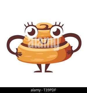 Mascot Bun with cinnamon. Freshly baked sweet cake. Baked pastry item. Cartoon character design. Flat vector illustration isolated on white background Stock Vector