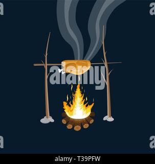Bonfire with grilled chicken. Logs and fire. Camping, burning woodpile in night. Vector illustration in flat style Stock Vector