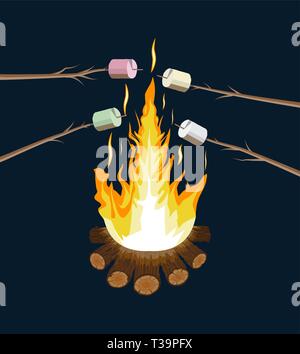 Bonfire with marshmallow. Logs and fire. Camping, burning woodpile in night. Vector illustration in flat style Stock Vector