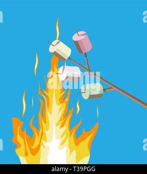 Bonfire with marshmallow. Logs and fire. Camping, burning woodpile in night. Vector illustration in flat style Stock Vector