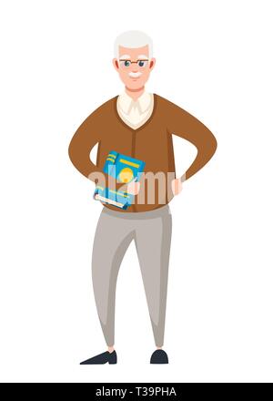 Senior teacher, professor standing in front, and hold the book. Cartoon character design. Flat vector illustration isolated on white background. Stock Vector