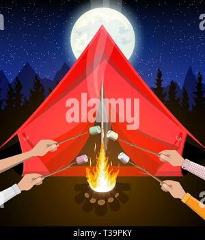 Bonfire with marshmallow. Logs and fire. Tent, forest, moon, sky. Camping, burning woodpile in night. Vector illustration in flat style Stock Vector