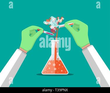 Laboratory worker holding glass tube and pipette. Biology science education medical tests. Vector illustration in flat style Stock Vector
